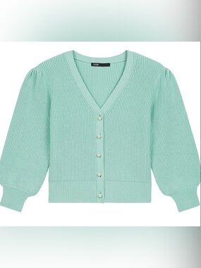 Maje Mistou Ribbed Knit Cardigan Mint Green Pearl Button - Size Small